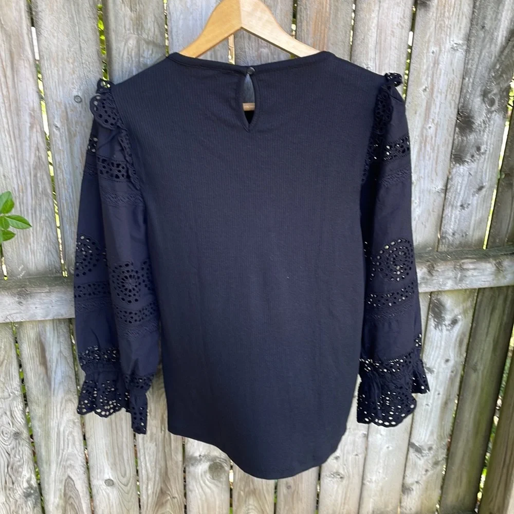 J. Crew Ruffle-trim eyelet top in vintage rib lace black L 12 14